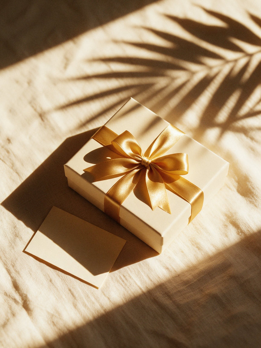 Geschenkideen: Geschenkbox mit goldenem Seidenband und Karte