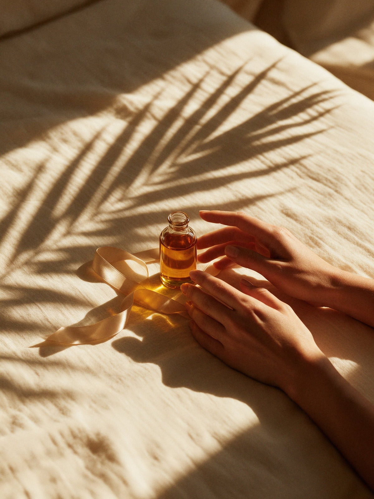 Hände auf Leinen neben einer Flasche Massageöl und einem Seidenband
