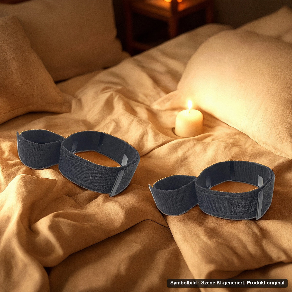 DaniChou Arm-Bein Fesseln auf dem Bett am Abend bei Kerzenlicht – Symbolbild, Szene KI-generiert, Produkt original