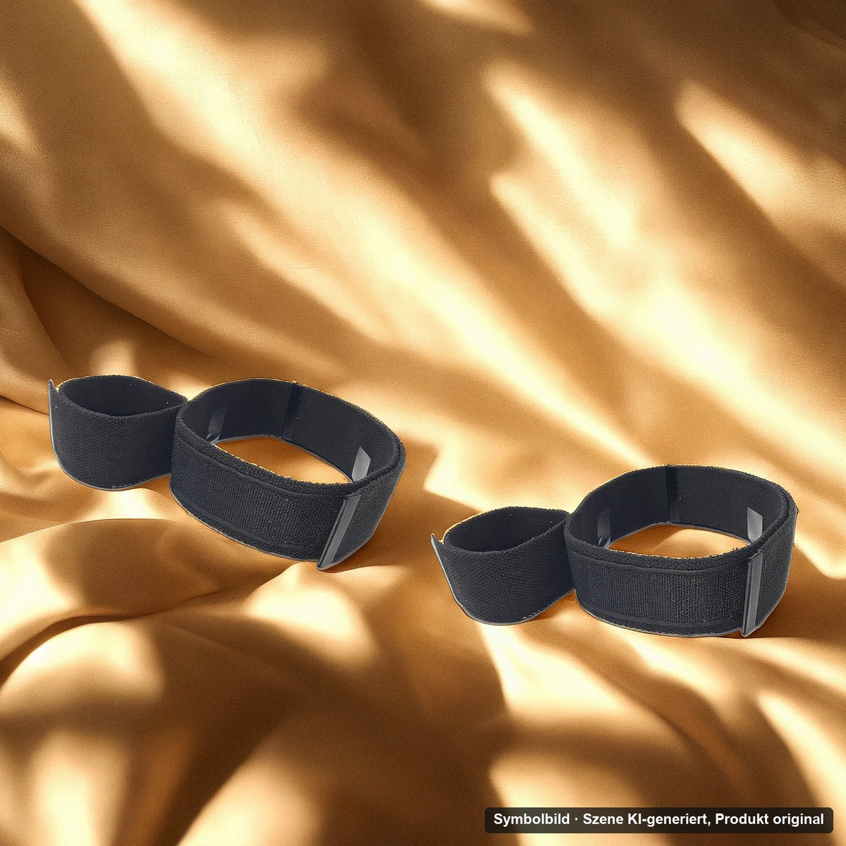 DaniChou Arm-Bein Fesseln auf goldenem Satin im Sonnenlicht – Symbolbild, Szene KI-generiert, Produkt original