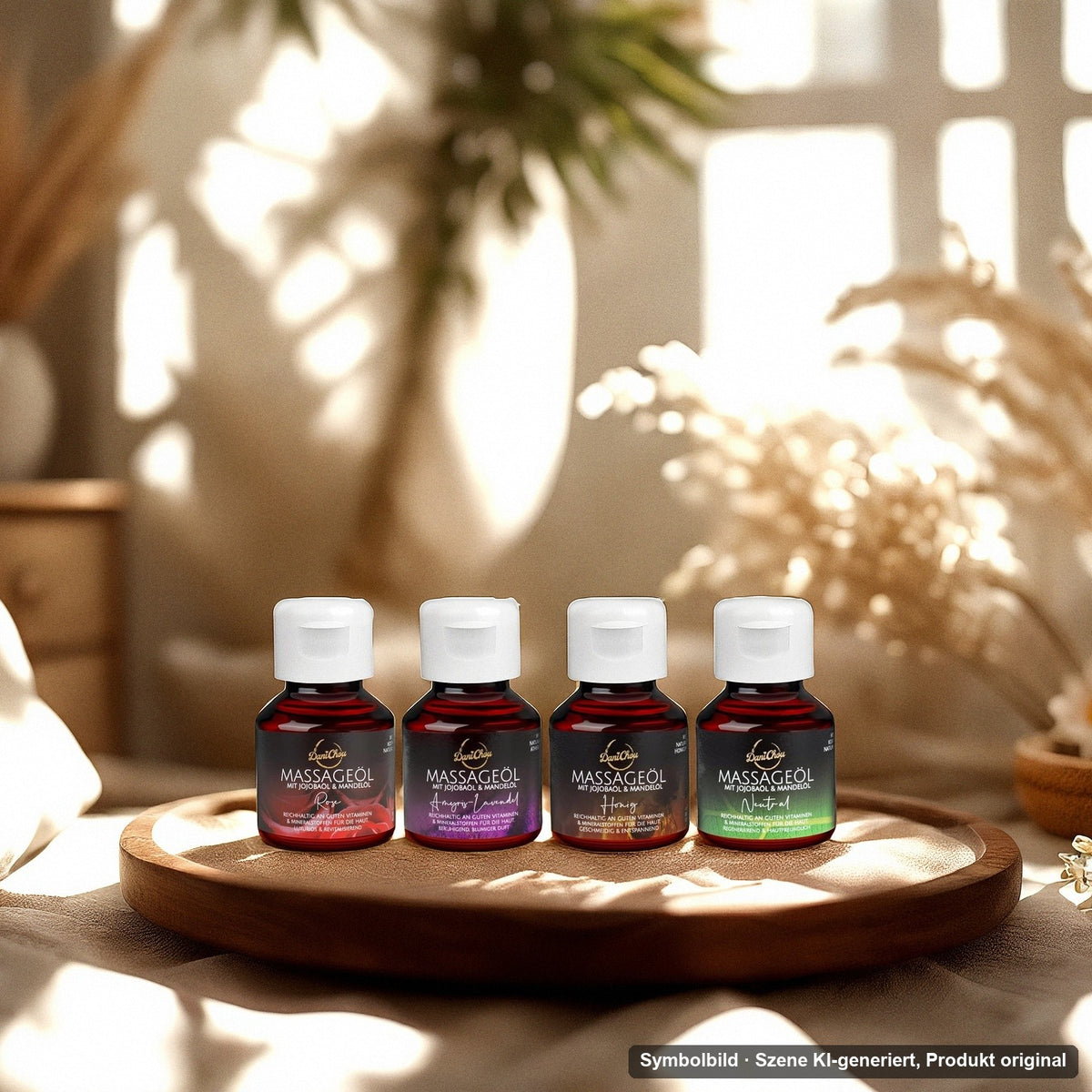 DaniChou Heavenly Harmony Massageöl-Set auf Holztablett im Massage-Setting – Symbolbild, Szene KI-generiert, Produkt original