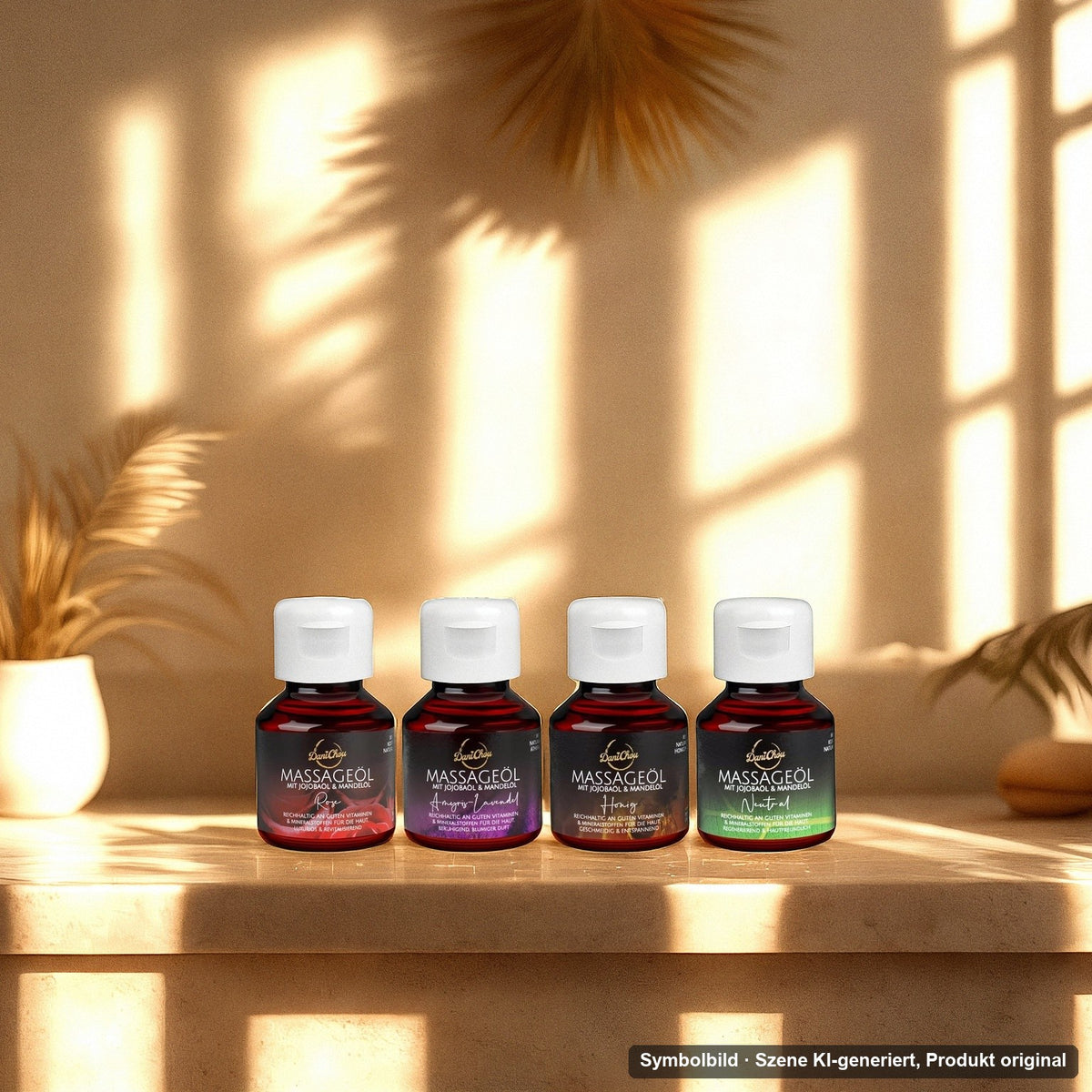 DaniChou Heavenly Harmony Massageöl-Set 4 × 50 ml im Wellness-Ambiente – Symbolbild, Szene KI-generiert, Produkt original