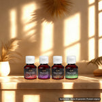 DaniChou Heavenly Harmony Massageöl-Set 4 × 50 ml im Wellness-Ambiente – Symbolbild, Szene KI-generiert, Produkt original