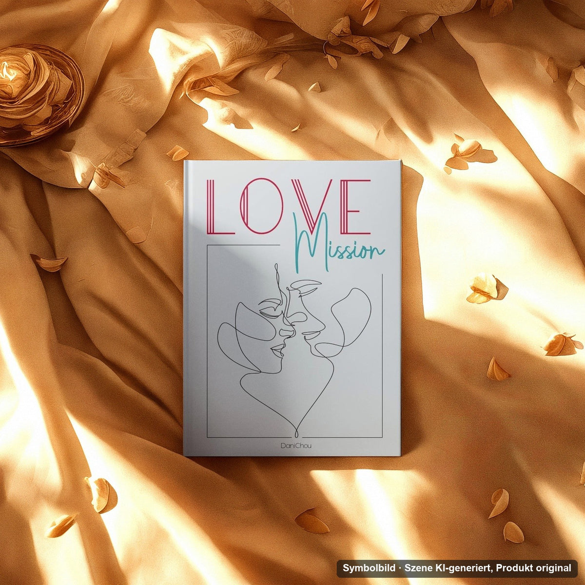 DaniChou Love Mission Buch auf dem Bett bei Kerzenlicht – Symbolbild, Szene KI-generiert, Produkt original