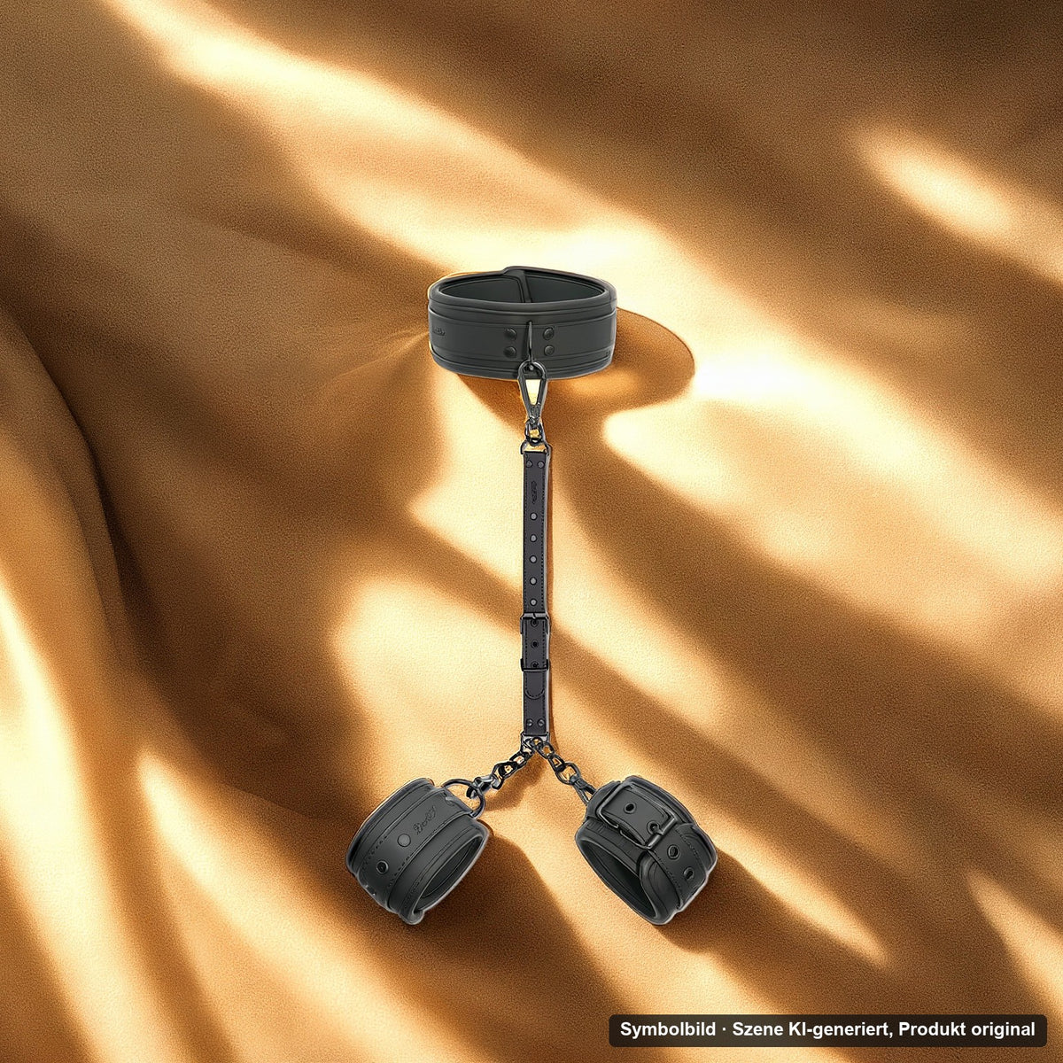 DaniChou Prestige 3-in-1 Bondage Set auf Satin im warmen Abendlicht – Symbolbild, Szene KI-generiert, Produkt original