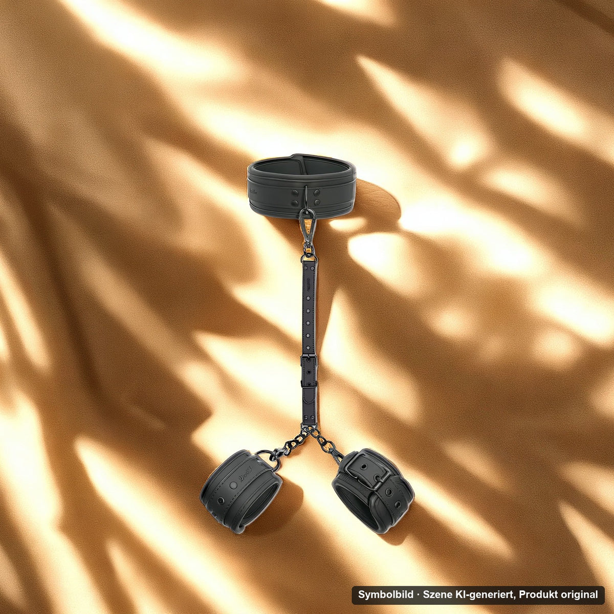 DaniChou Prestige 3-in-1 Bondage Set auf goldenem Satin mit Palmblatt-Schatten – Symbolbild, Szene KI-generiert, Produkt original