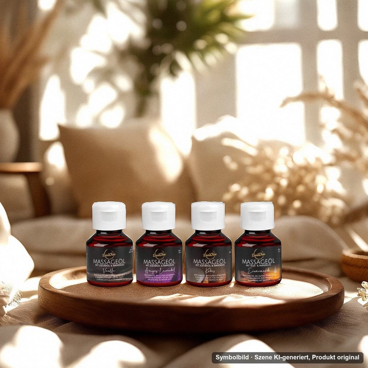DaniChou Tropical Dreams Massageöl-Set auf Holztablett im Massage-Setting – Symbolbild, Szene KI-generiert, Produkt original