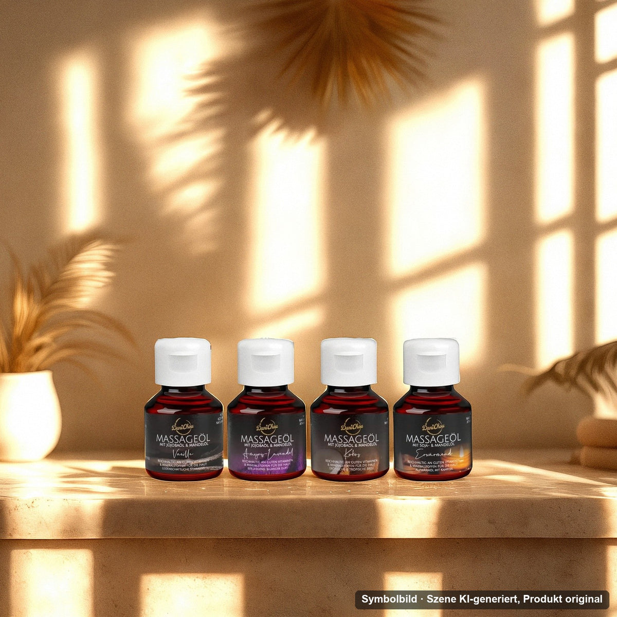 DaniChou Tropical Dreams Massageöl-Set 4 × 50 ml im Wellness-Ambiente – Symbolbild, Szene KI-generiert, Produkt original