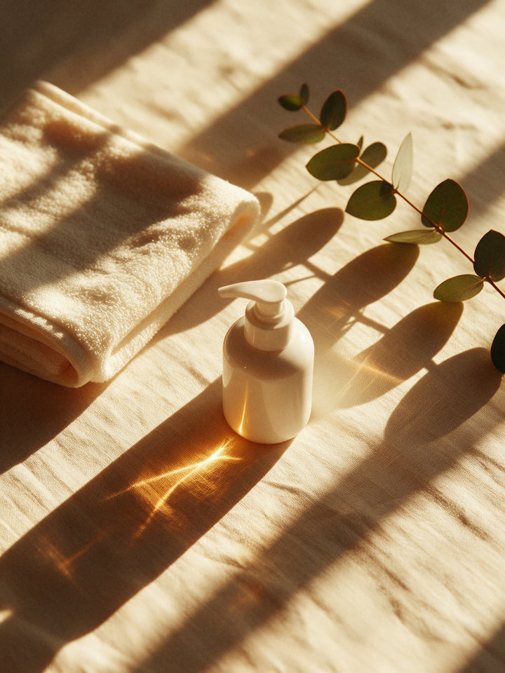 Weiches Handtuch, Pumpflasche und Eukalyptuszweig auf Leinen