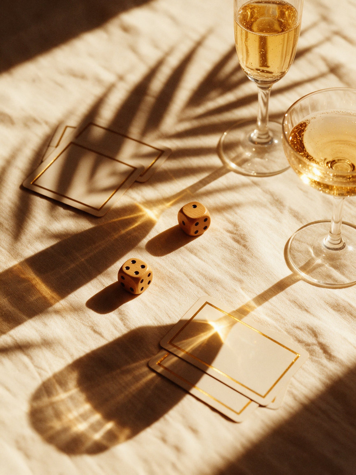 Würfel, Spielkarten und zwei Gläser Sekt auf Leinen