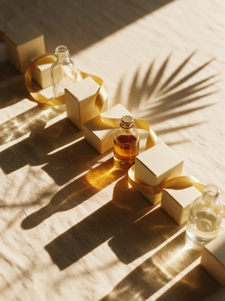 Glasflaschen und cremefarbene Schachteln mit goldener Schleife