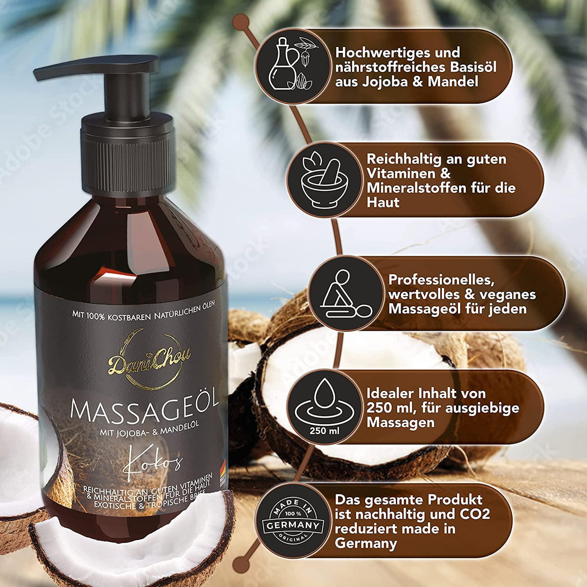 Massageöl Kokos, 250ml mit Jojobaöl & Mandelöl - DaniChou-Store