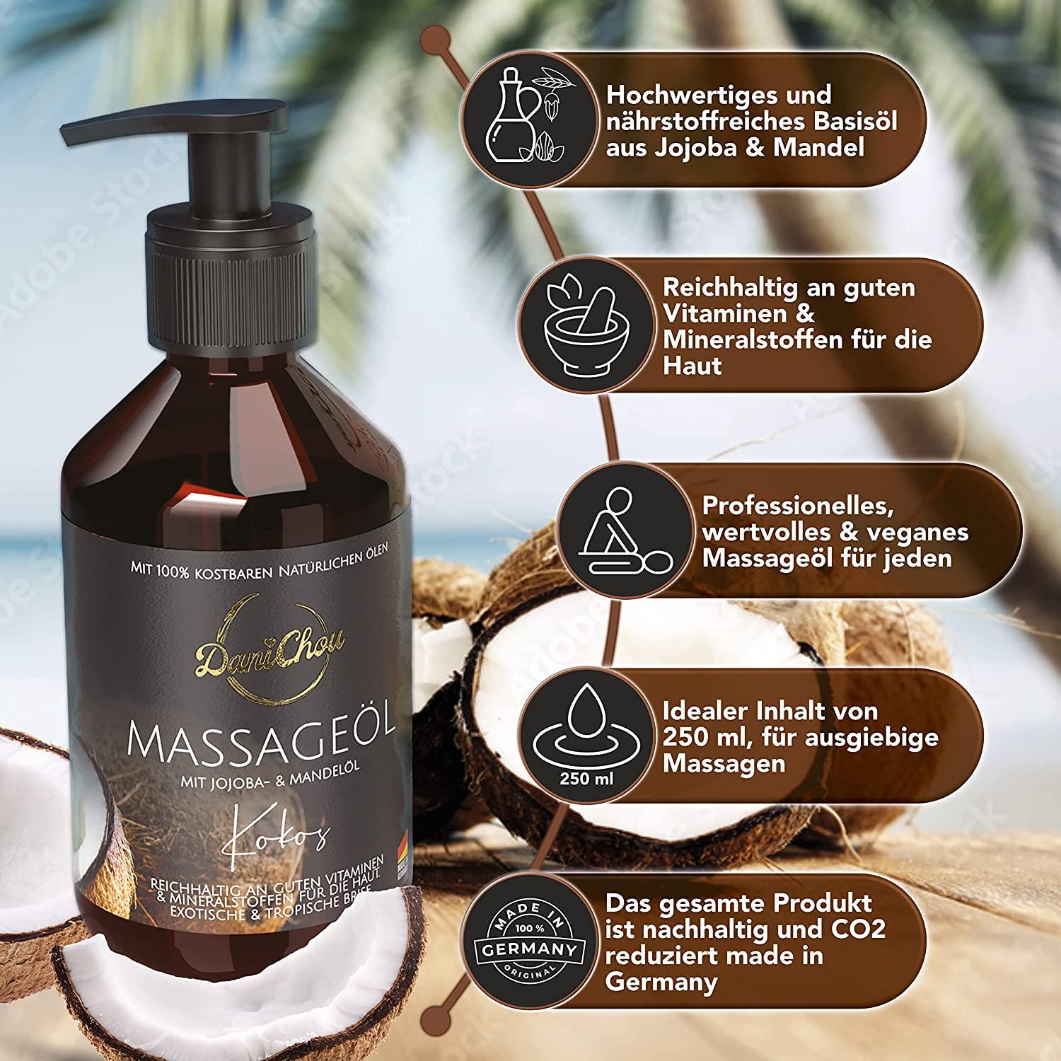 Massageöl Kokos, 250ml mit Jojobaöl & Mandelöl - DaniChou-Store