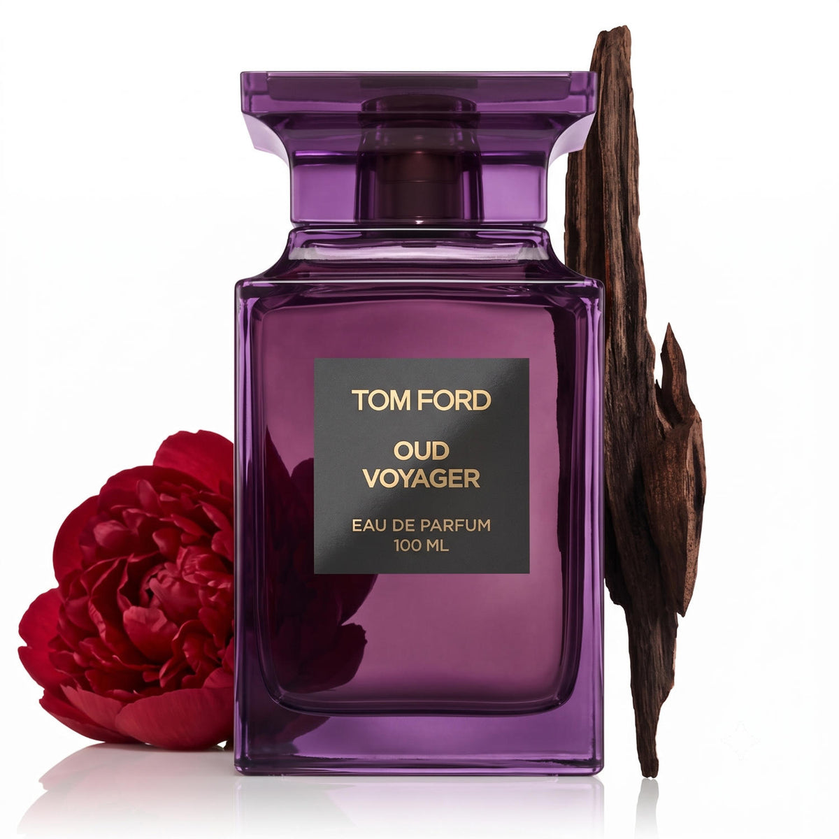 Tom Ford Oud Voyager Eau de Parfum 100 ml Flakon mit roter Pfingstrose und Oudholz