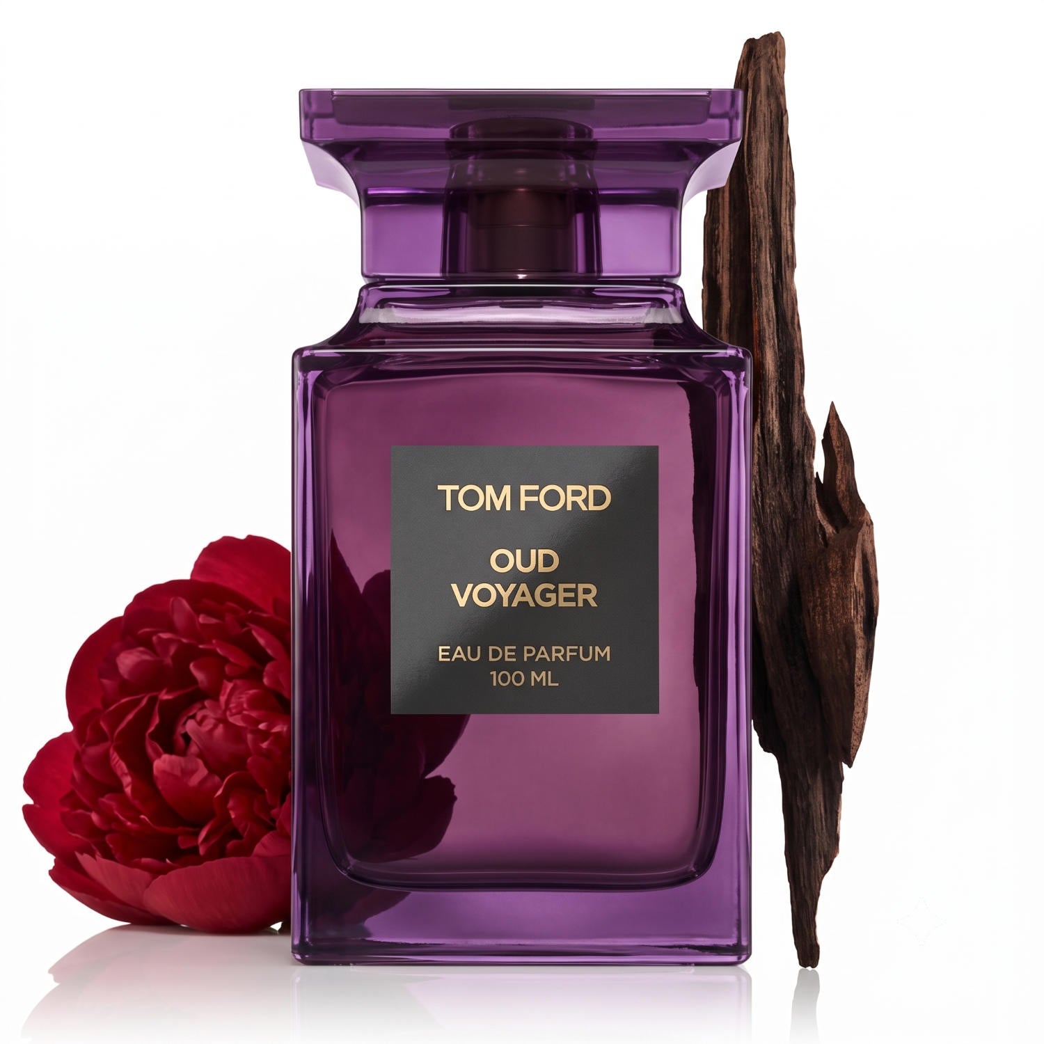 Tom Ford Oud Voyager Eau de Parfum 100 ml Flakon mit roter Pfingstrose und Oudholz